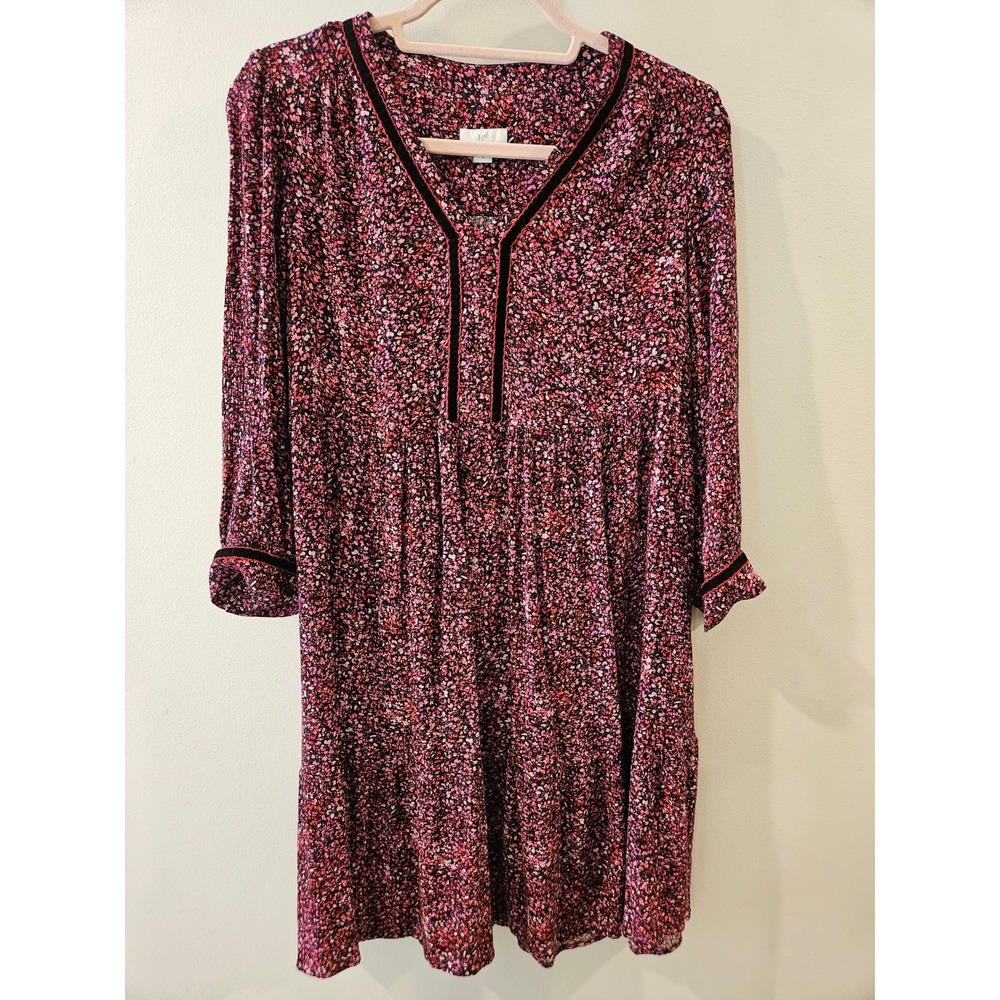 J. Jill Womens Floral V-Neck Babydoll Mini Dress Black Velvet‎ Trim